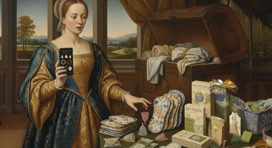 Renaissance-style woman holding a smartphone with a period tracker app, standing beside a table full of menstrual products like pads, menstrual cups, and eco-friendly packaging.